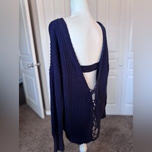 Open Back Lace-Up Knit Sweater size Large